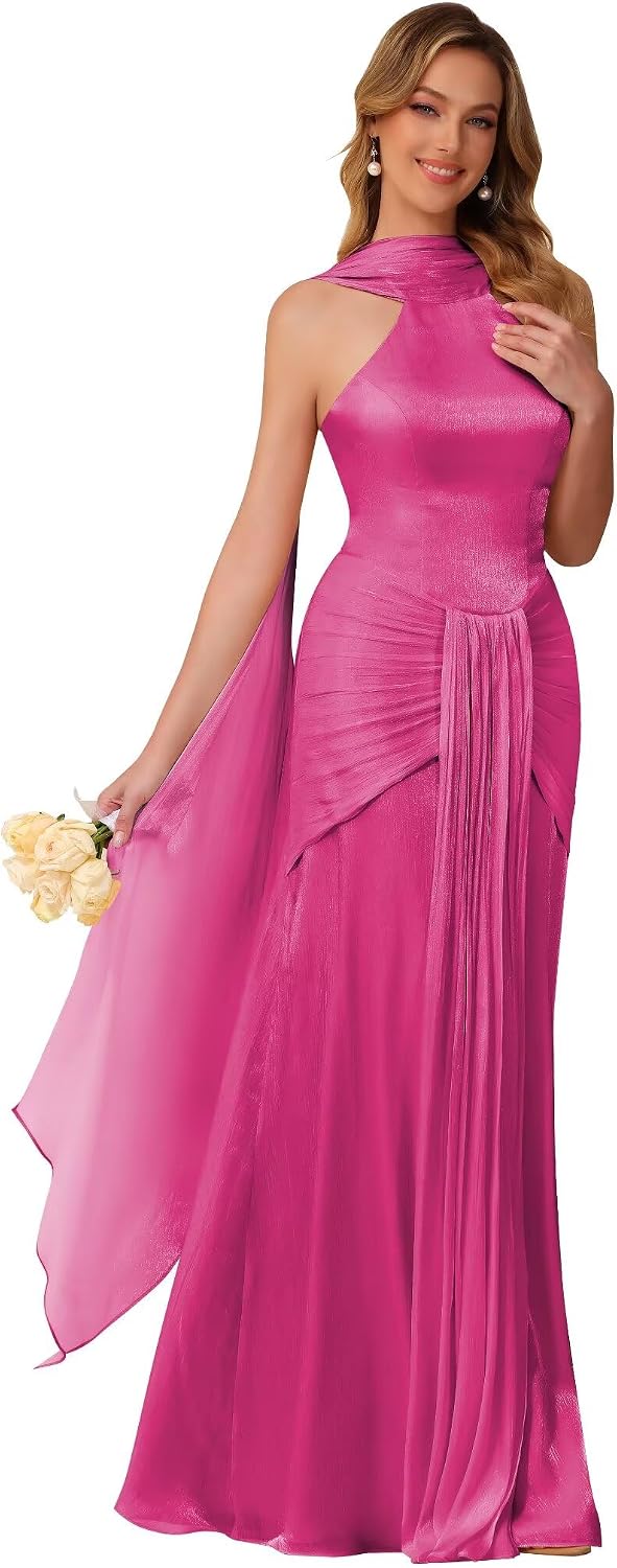 Halter Bridesmaid Dresses Long with Scarf Shimmer Chiffon Formal Dress Pleated Mermaid Evening Gowns for Women