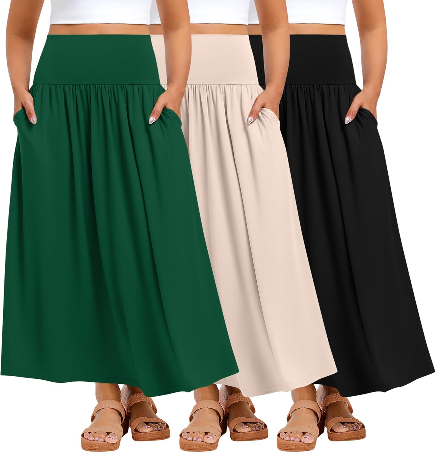 Ficerd 3 Pack Plus Size Maxi Skirts for Curvy Women Pockets Casual 2026 Boho Summer Flowy Long Skirt a Line High Waist Dress