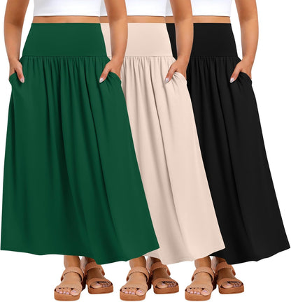 Ficerd 3 Pack Plus Size Maxi Skirts for Curvy Women Pockets Casual 2026 Boho Summer Flowy Long Skirt a Line High Waist Dress