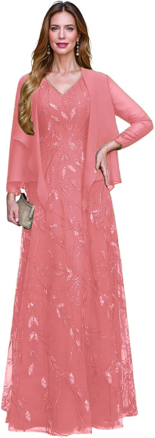 2 Piece Sequin Lace Mother of The Bride Dresses for Women with Jacket V Neck Long Formal Dresses Evening Gown