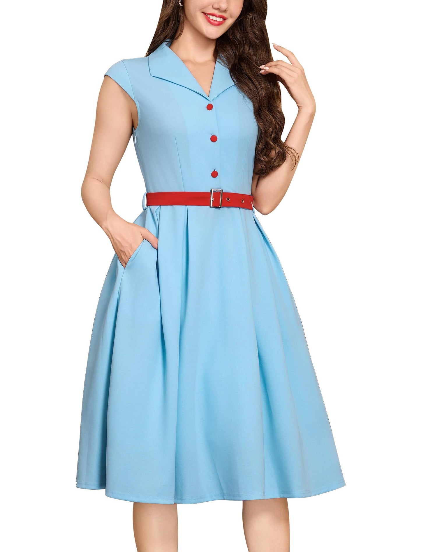 Women's 1950s Retro Dress Sleeveless Cocktail Prom Swing Midi Belt Dresses with Pockets Vintage Style