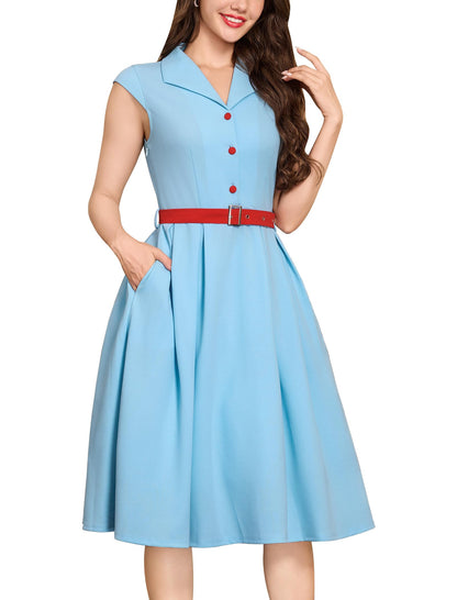 Women's 1950s Retro Dress Sleeveless Cocktail Prom Swing Midi Belt Dresses with Pockets Vintage Style