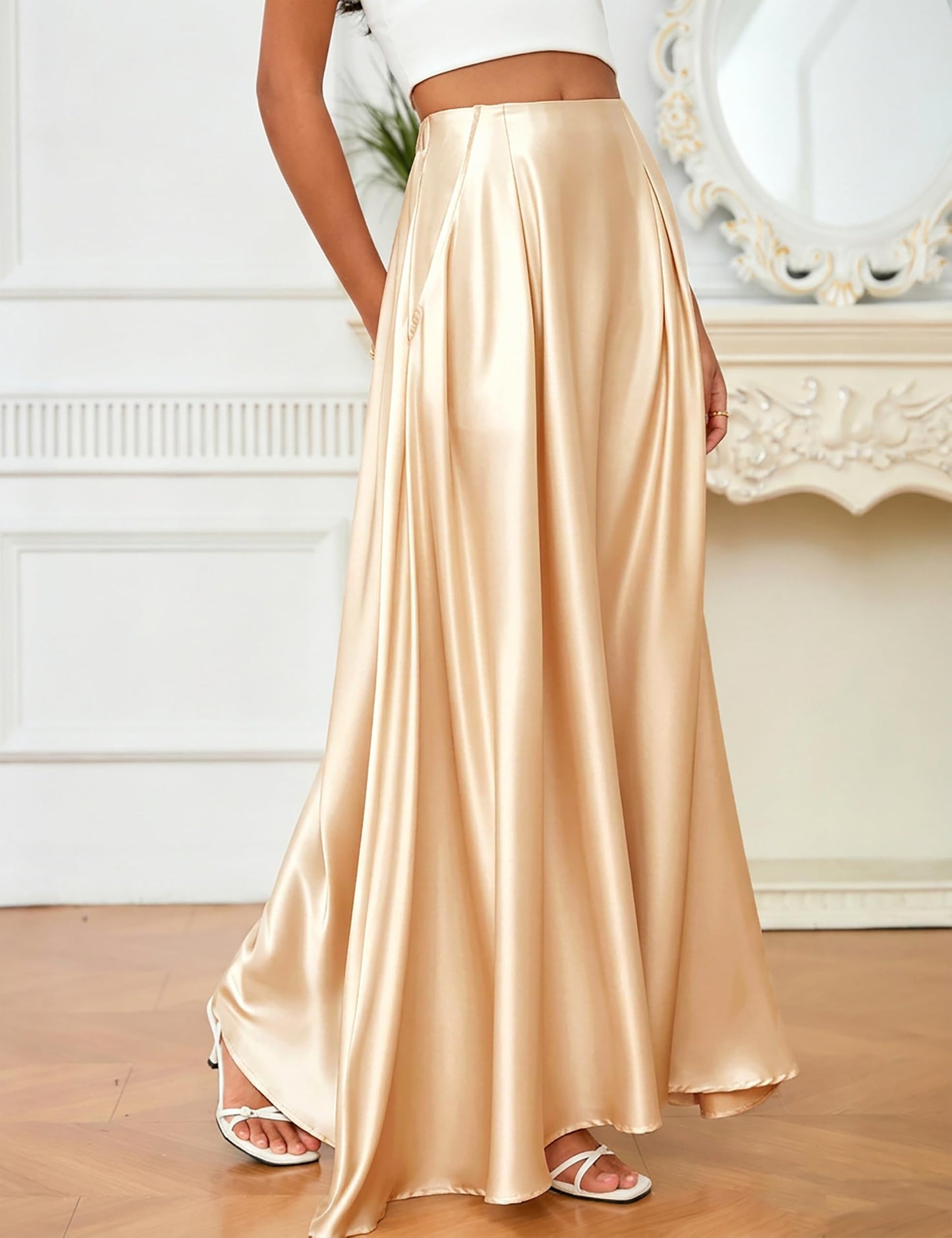 MAKABO Maxi Satin Skirts for Womens High Waisted Flowy Long A line Skirt Trendy for Office Holiday Party