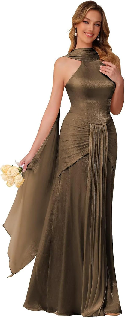 Halter Bridesmaid Dresses Long with Scarf Shimmer Chiffon Formal Dress Pleated Mermaid Evening Gowns for Women