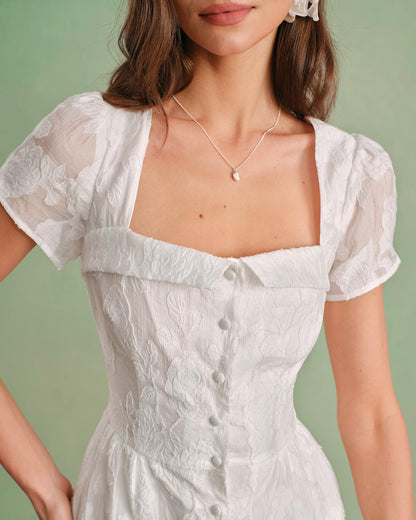 RIHOAS Elegant Casual Dresses for Women Short Sleeve Puff Square Neck A-Line Midi Dress