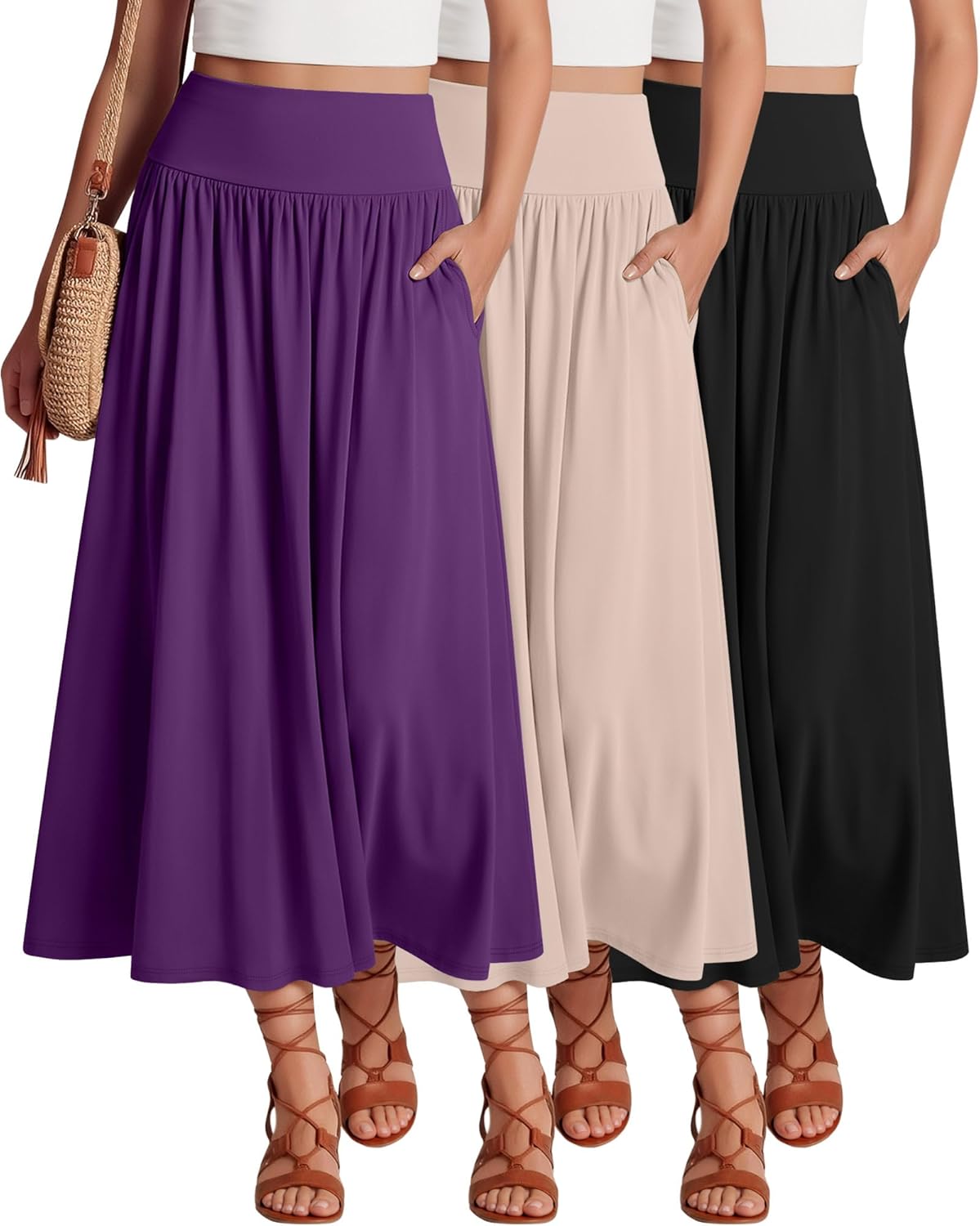 Ficerd 3 Pack Maxi Long Skirts for Women, Ankle Length High Waisted Pleated Flowy a Line Summer Casual Skirts with Pockets