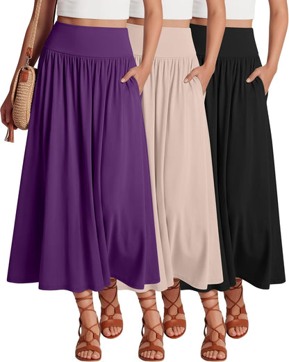 Ficerd 3 Pack Maxi Long Skirts for Women, Ankle Length High Waisted Pleated Flowy a Line Summer Casual Skirts with Pockets