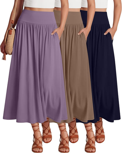Ficerd 3 Pack Maxi Long Skirts for Women, Ankle Length High Waisted Pleated Flowy a Line Summer Casual Skirts with Pockets