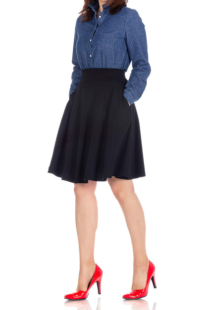 Dani's Choice High-Waisted Cotton Blend Skirt with Pockets - Knee Length A-line Flare for Business and Casual Wear