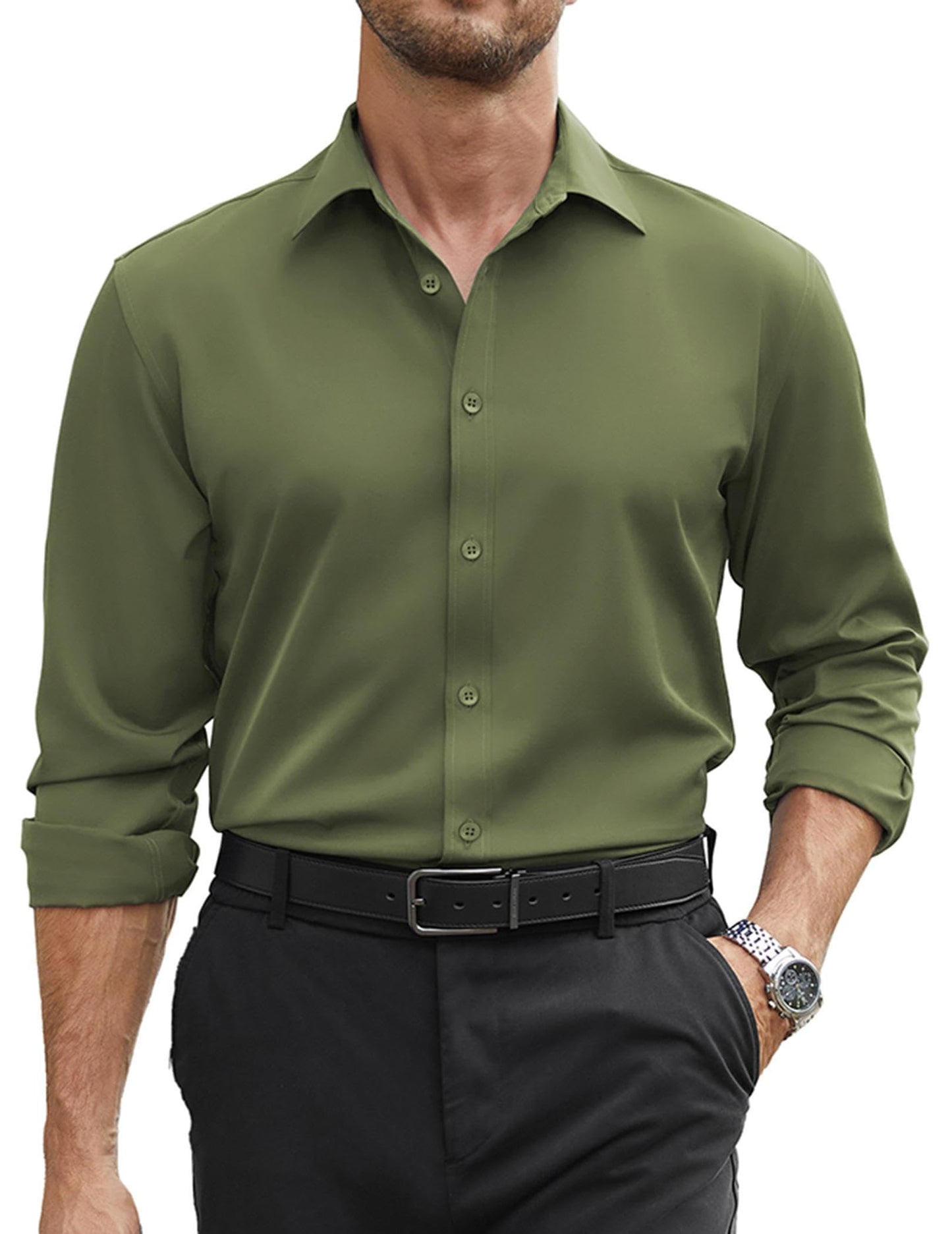 COOFANDY Mens Stretch Dress Shirts Long Sleeve Button Down Shirt Regular Fit Formal Business Wedding Shirts
