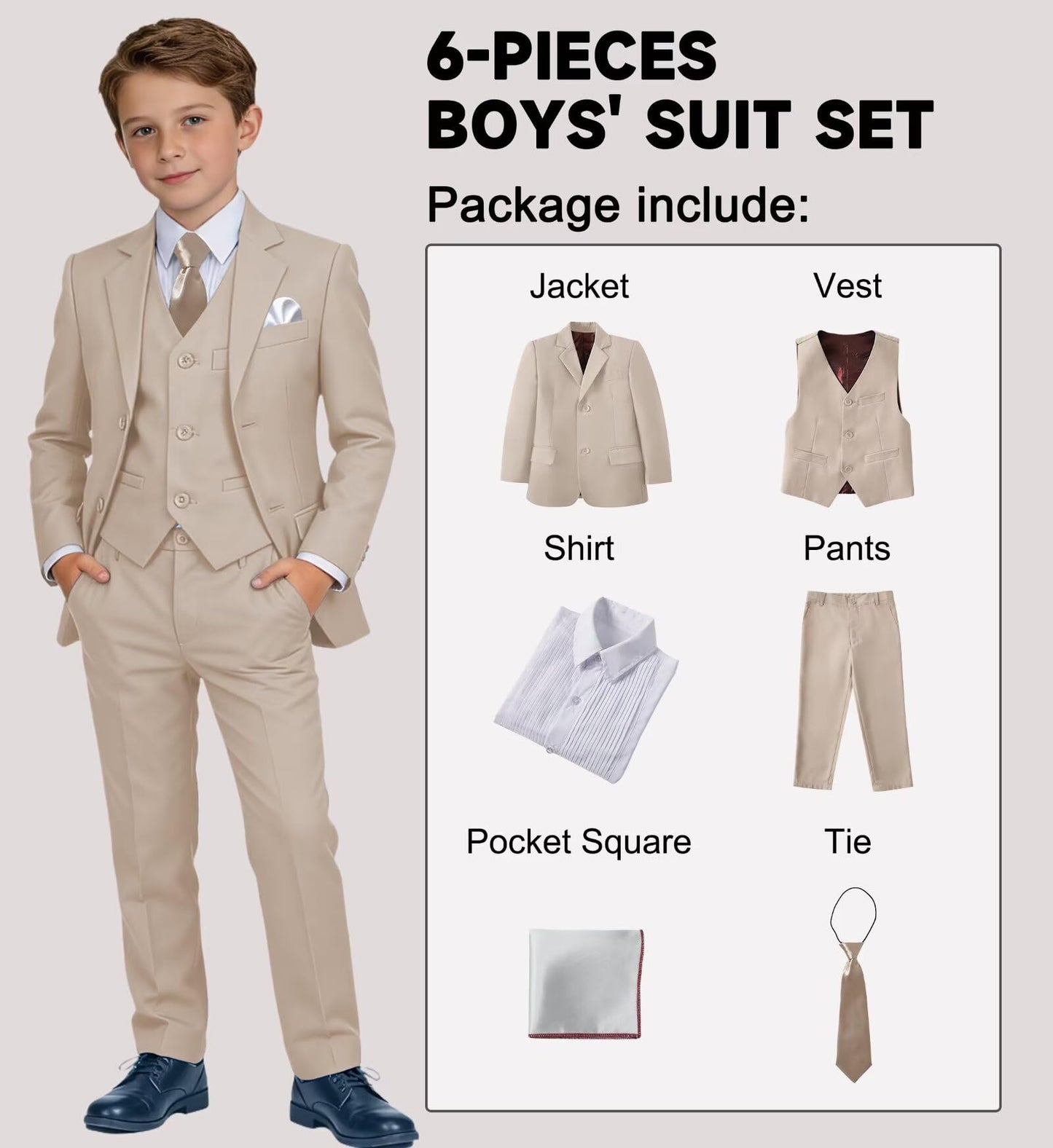 Boys' Suit Kids Formal Tuxedo Suits Set for Boys 6 Piece Dress Clothes Easter Wedding Outfit with Tie Pocket Square