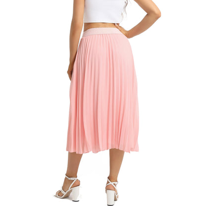 Womens Chiffon High Waist Skirt Pleated A-Line Swing Elastic Shirring Midi Length