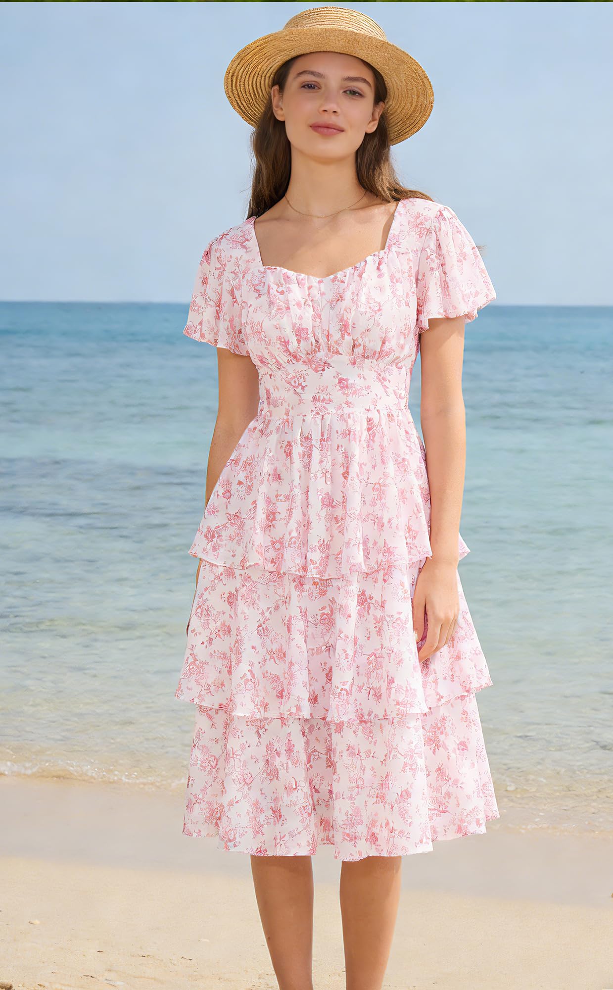 Belle Poque Women's Vintage Square Neck Dress 2026 Summer Short Sleeve Layered Tiered Ruffle A-line Swing Midi Dress