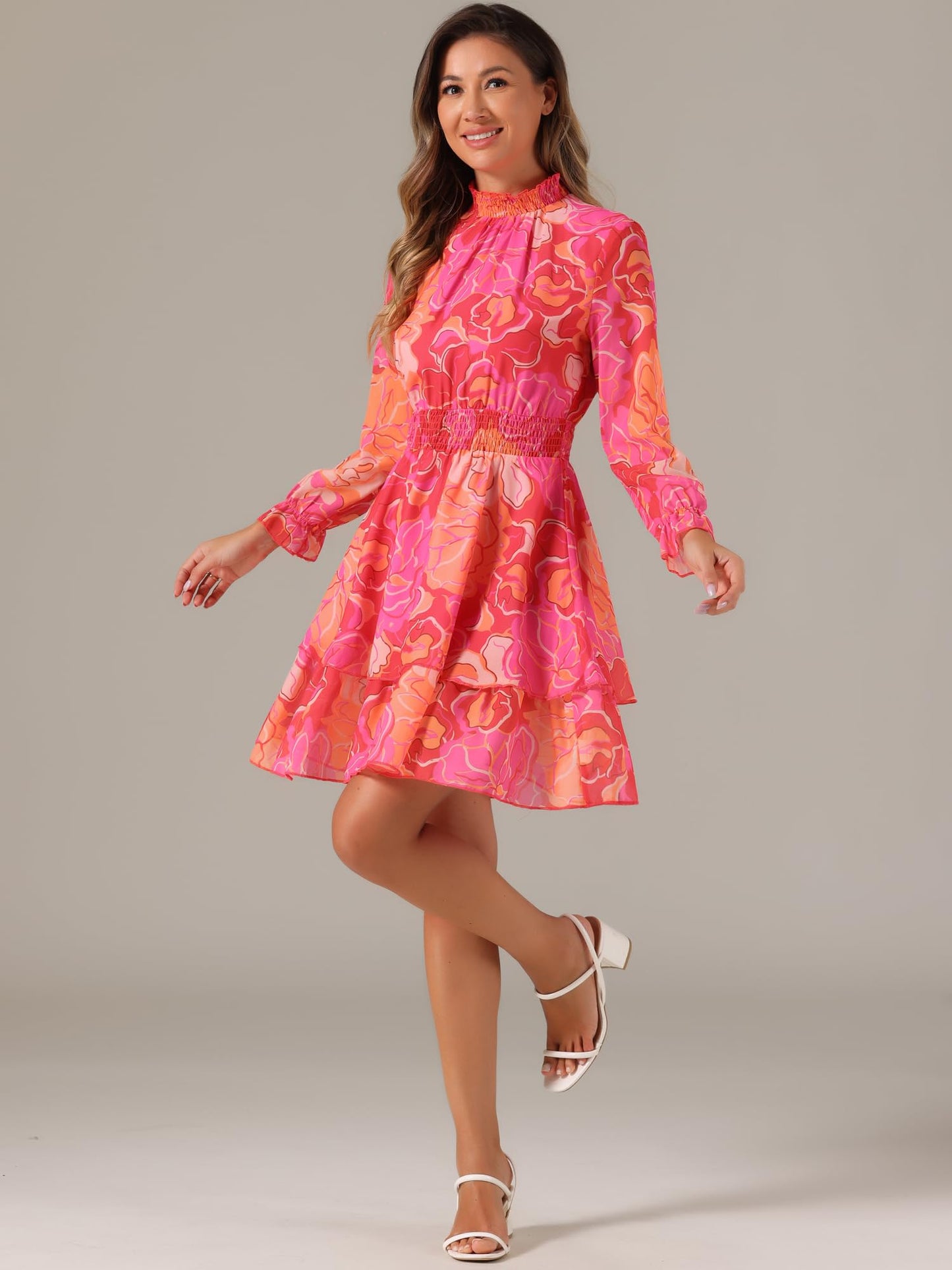 Allegra K Women's Floral Dress Chiffon Long Sleeve Mock Neck Ruffle Layered Smocked Mini Dresses