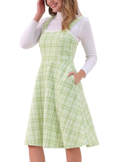 Allegra K Tweed Dress for Women Sleeveless Square Neck Plaid A-Line Pinafore Overall Dresses