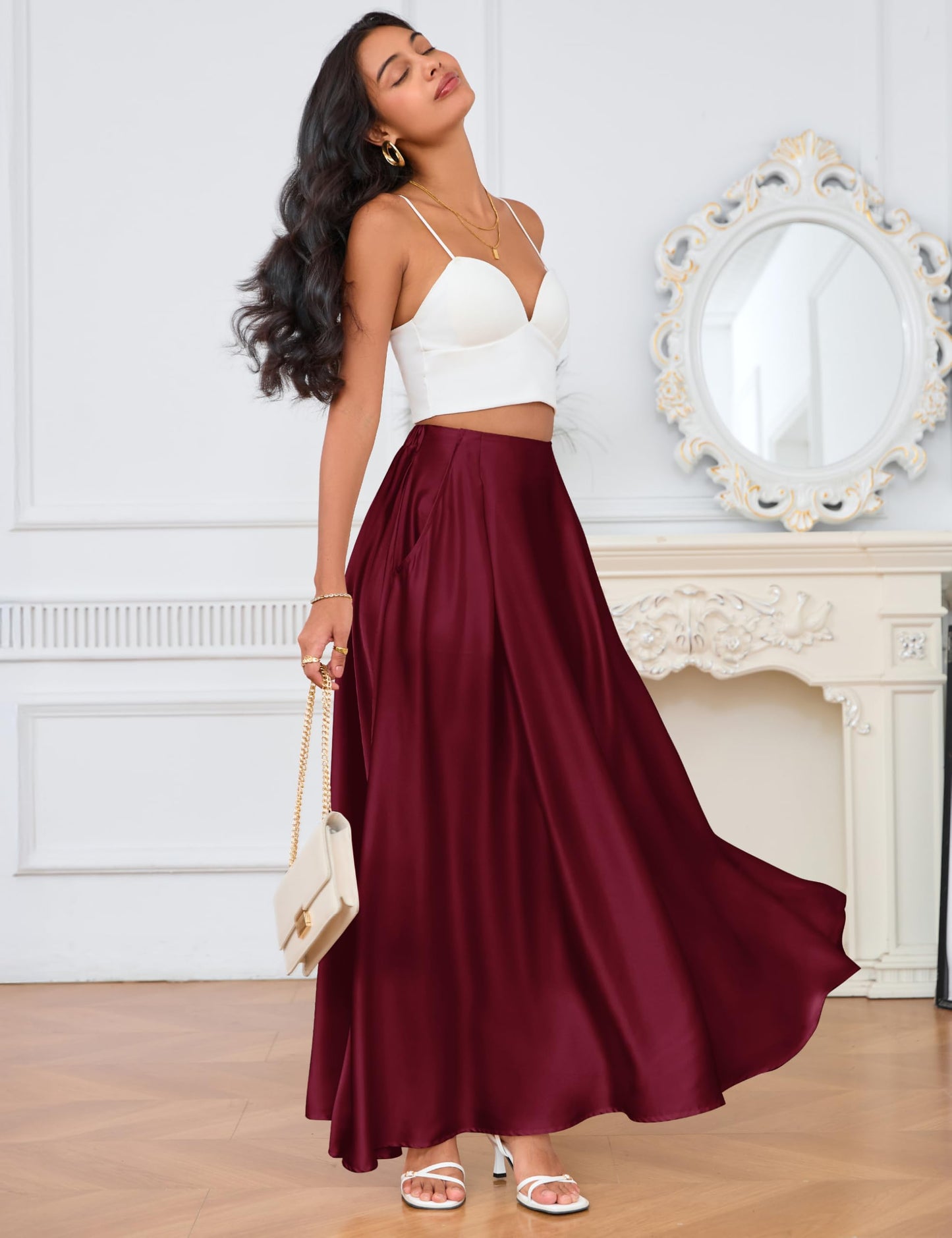 MAKABO Maxi Satin Skirts for Womens High Waisted Flowy Long A line Skirt Trendy for Office Holiday Party