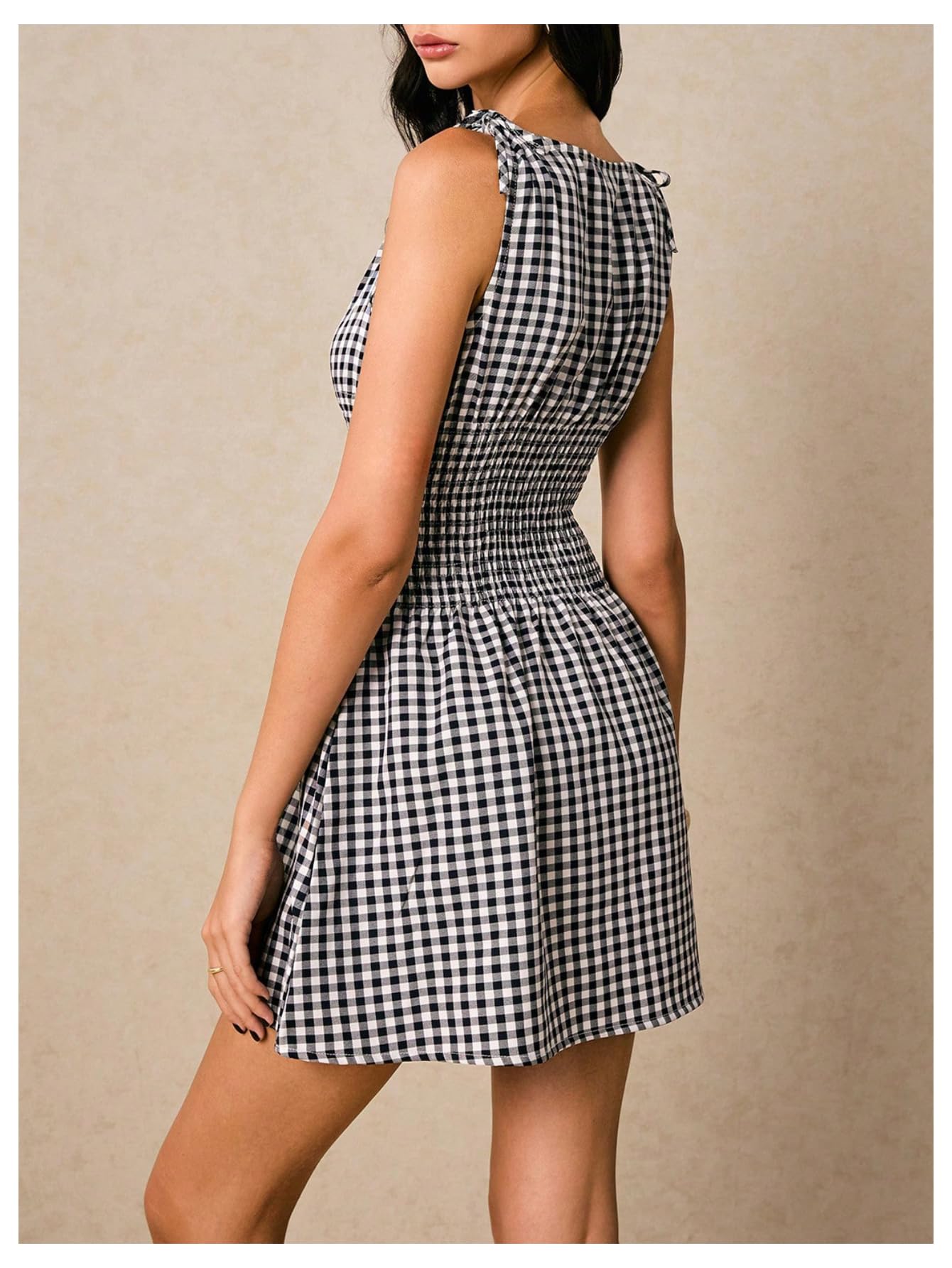 Floerns Women's Tie Shoulder A Line Gingham Dress Boat Neck Mini Checkered Elegant Dresses