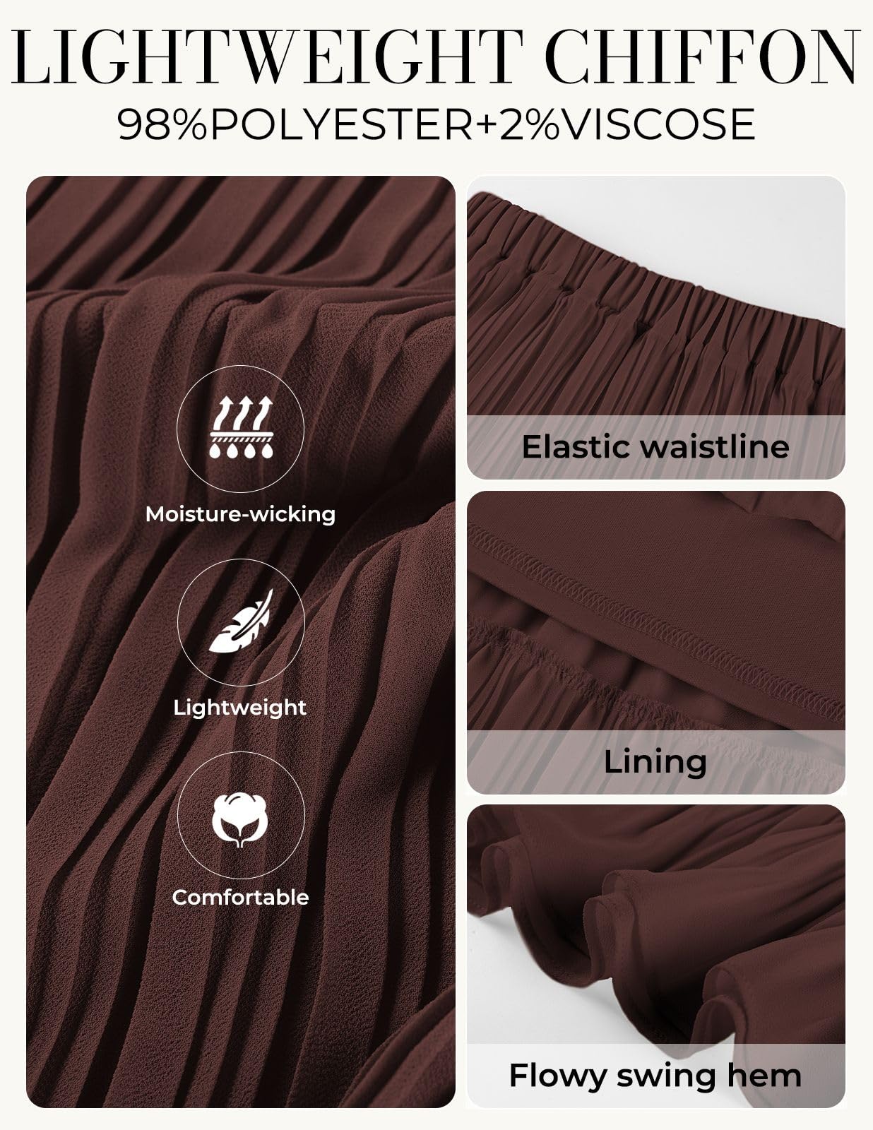 Kate Kasin 2026 Women's Chiffon Maxi Skirt, High Waist Pleated Skirts, Summer Flowy Long Skirts with Underskirt
