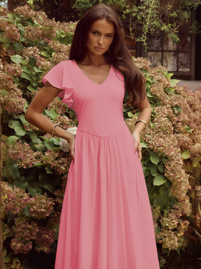 YUNDAI Women's Scoop Neck Flutter Sleeve Midi Dress with Pocket Elegant Flowy A Line Tie Back Dress