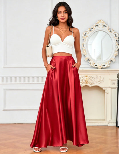 MAKABO Maxi Satin Skirts for Womens High Waisted Flowy Long A line Skirt Trendy for Office Holiday Party