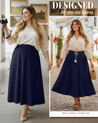Plus Size Maxi Skirt for Curvy Women Pockets 2026 Ankle Length High Waisted Pleated Flowy a Line Summer Long Skirt