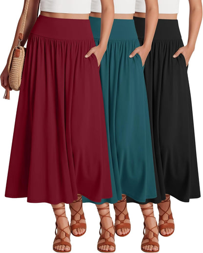 Ficerd 3 Pack Maxi Long Skirts for Women, Ankle Length High Waisted Pleated Flowy a Line Summer Casual Skirts with Pockets