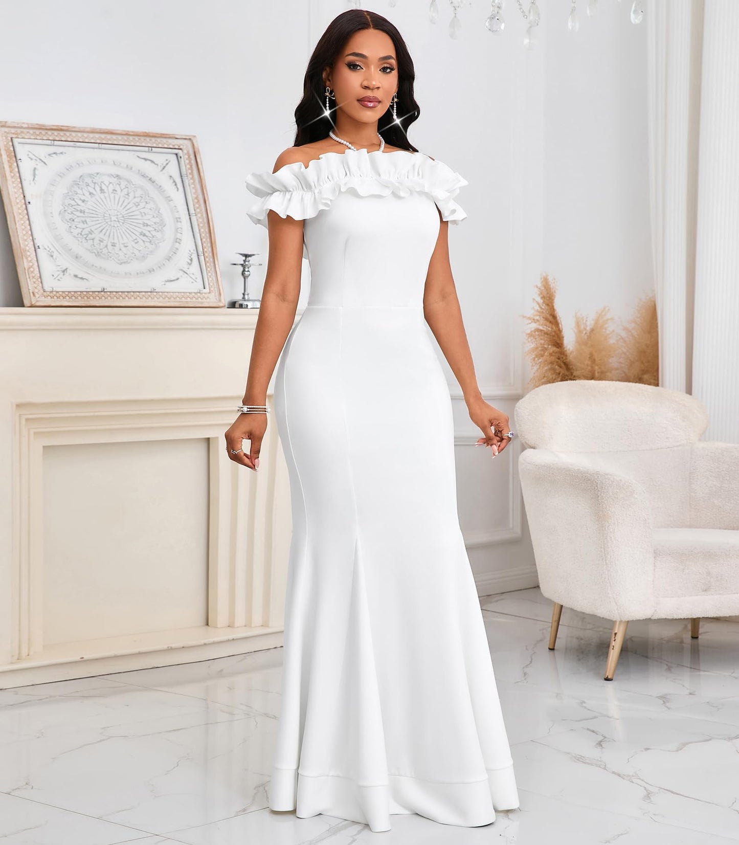 Cololura Sexy Floor-Length Off Shoulder Ruffles Stringy Selvedge Mermaid Bodycon Party Evening Maxi Dress