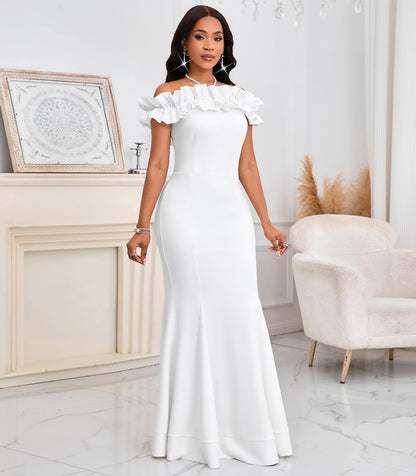 Cololura Sexy Floor-Length Off Shoulder Ruffles Stringy Selvedge Mermaid Bodycon Party Evening Maxi Dress