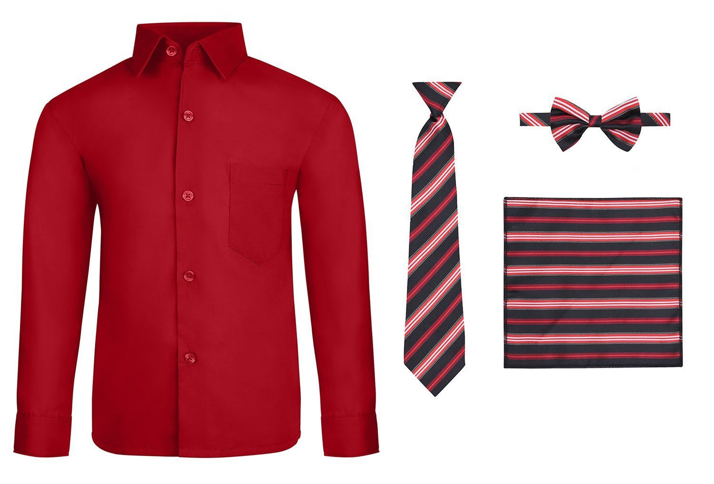 S.H. Churchill & Co. Boy's 4 Piece Dress Shirt Set with Long Tie, Bow Tie and Hanky