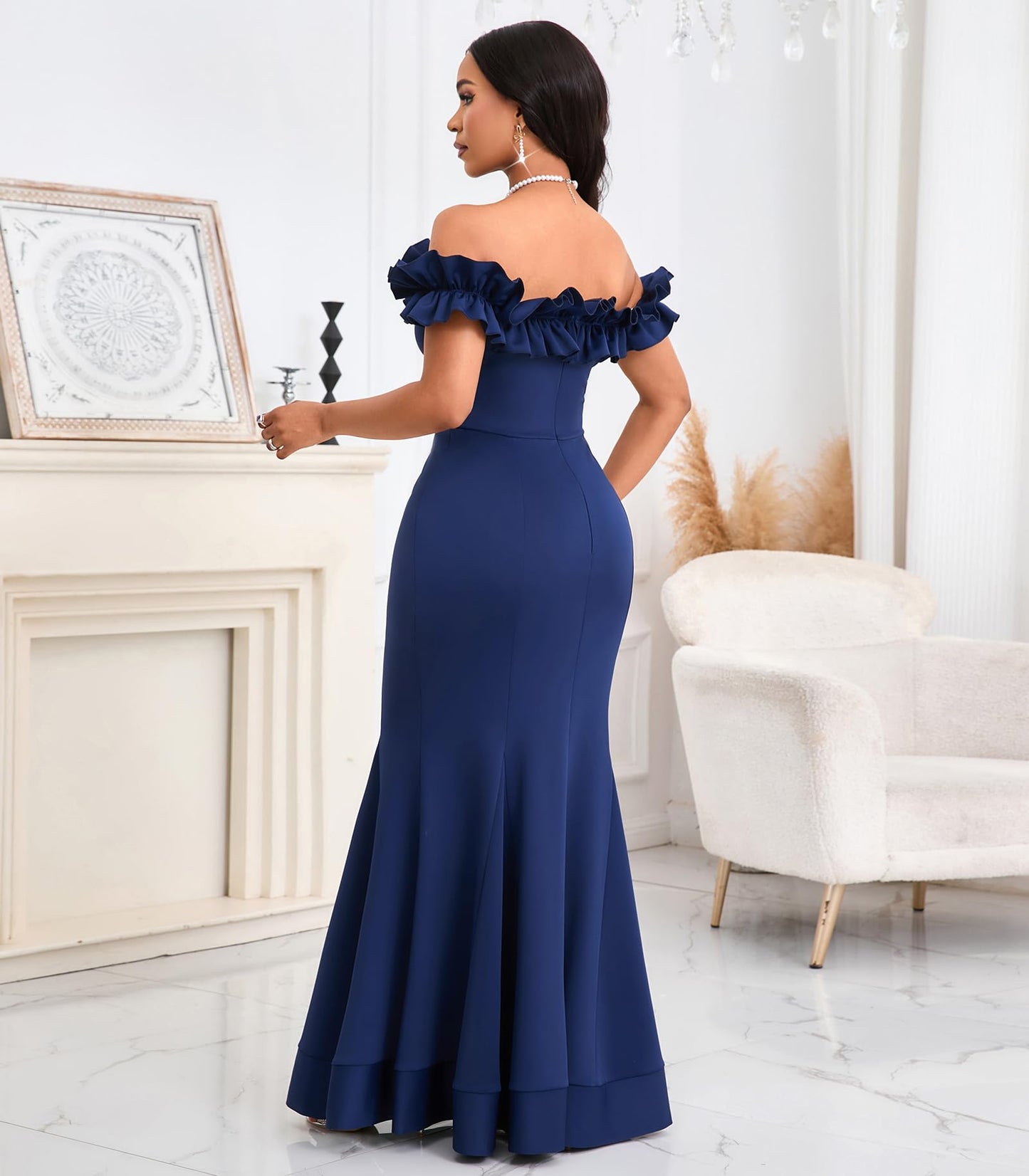 Cololura Sexy Floor-Length Off Shoulder Ruffles Stringy Selvedge Mermaid Bodycon Party Evening Maxi Dress