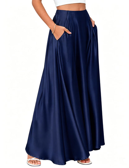 MAKABO Maxi Satin Skirts for Womens High Waisted Flowy Long A line Skirt Trendy for Office Holiday Party