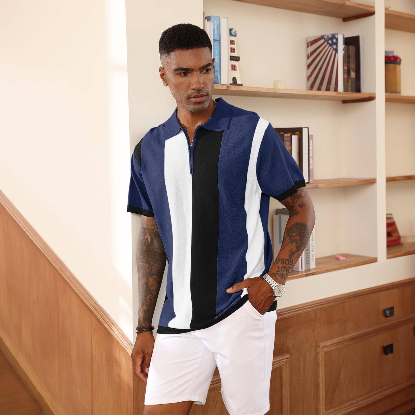 Men's Fashion Polo Shirts Vintage Striped Knitting Shirts Casual Slim Fit Golf Shirts