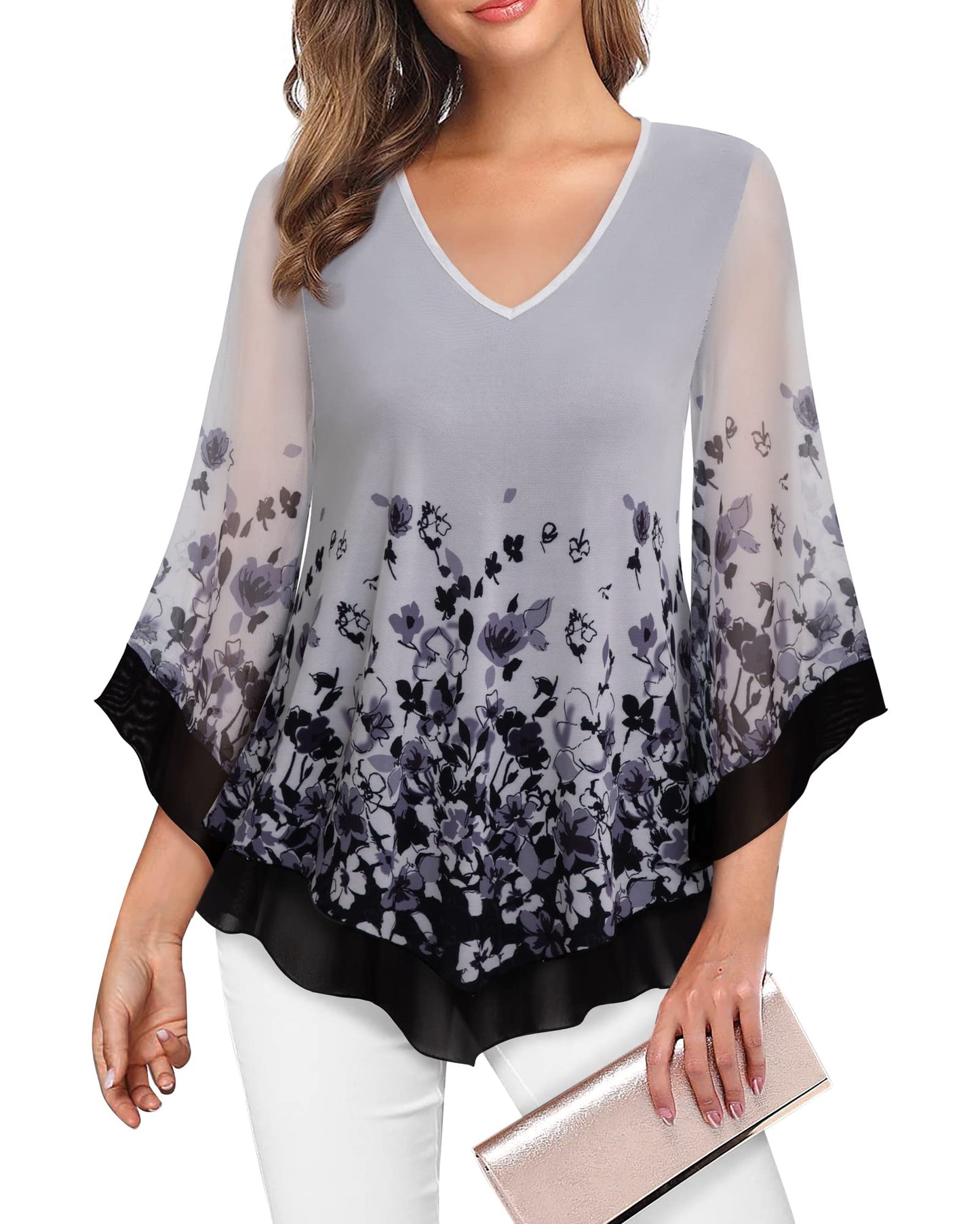 Lotusmile Womens Dressy Blouse Double Layers Mesh Shirt Ruffle 3/4 Flared Sleeve Tunic Tops
