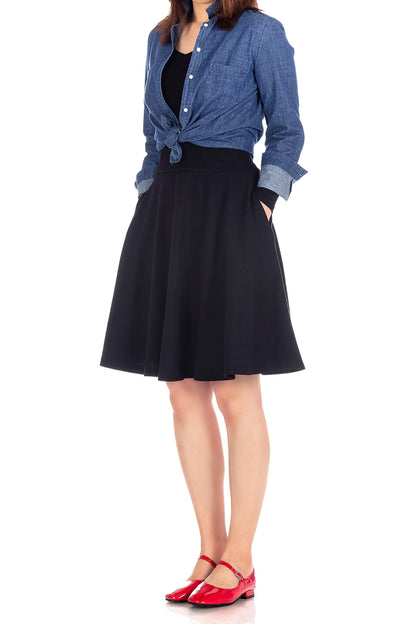 Dani's Choice High-Waisted Cotton Blend Skirt with Pockets - Knee Length A-line Flare for Business and Casual Wear