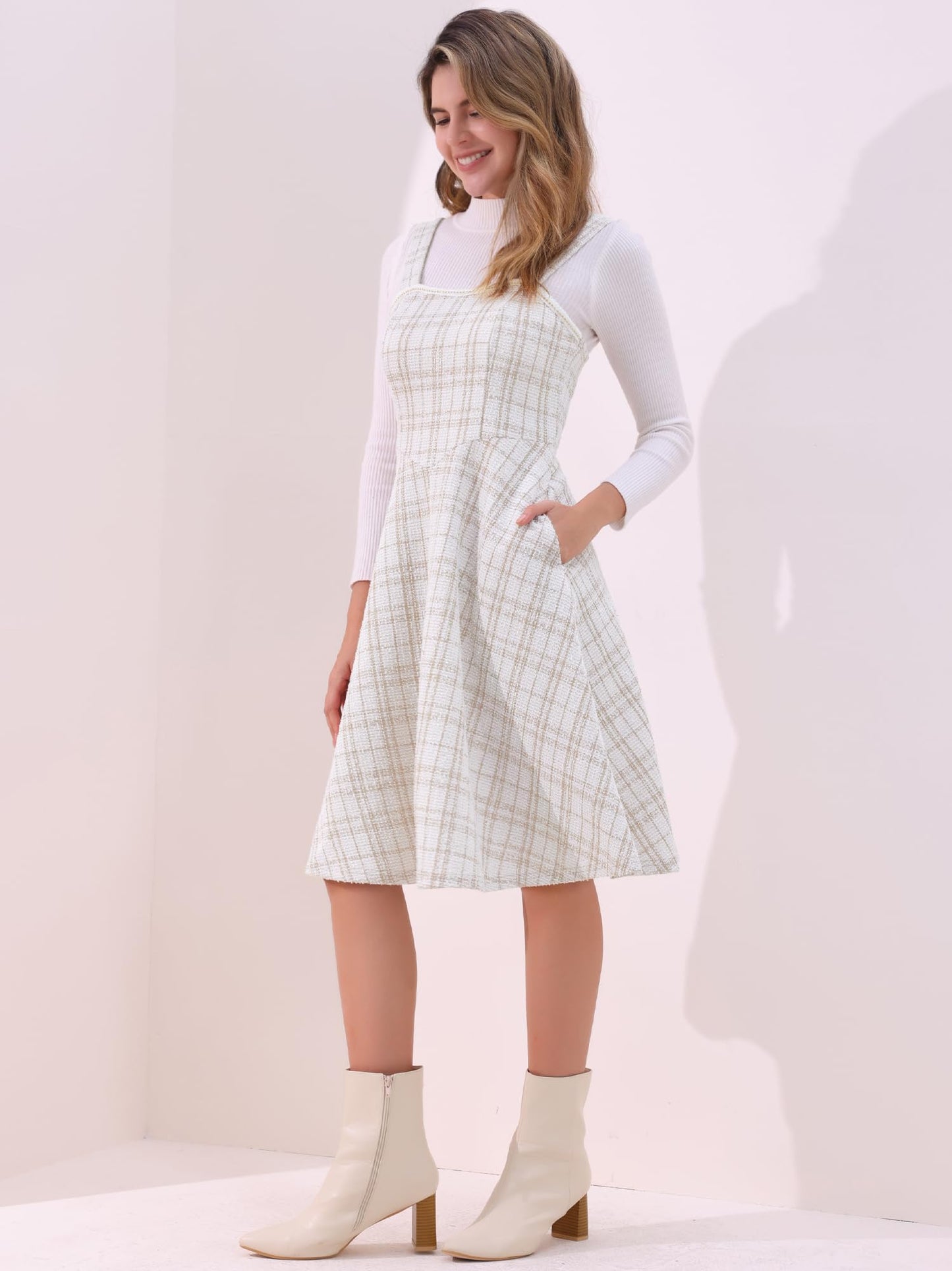 Allegra K Tweed Dress for Women Sleeveless Square Neck Plaid A-Line Pinafore Overall Dresses