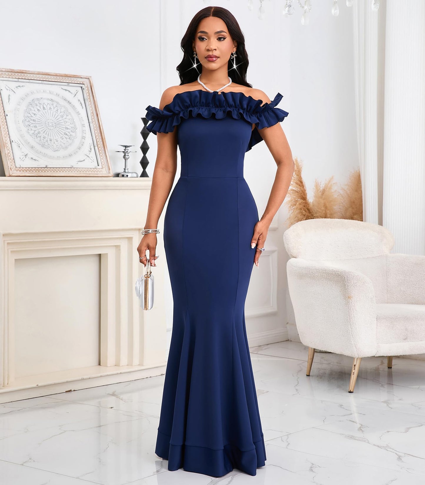 Cololura Sexy Floor-Length Off Shoulder Ruffles Stringy Selvedge Mermaid Bodycon Party Evening Maxi Dress