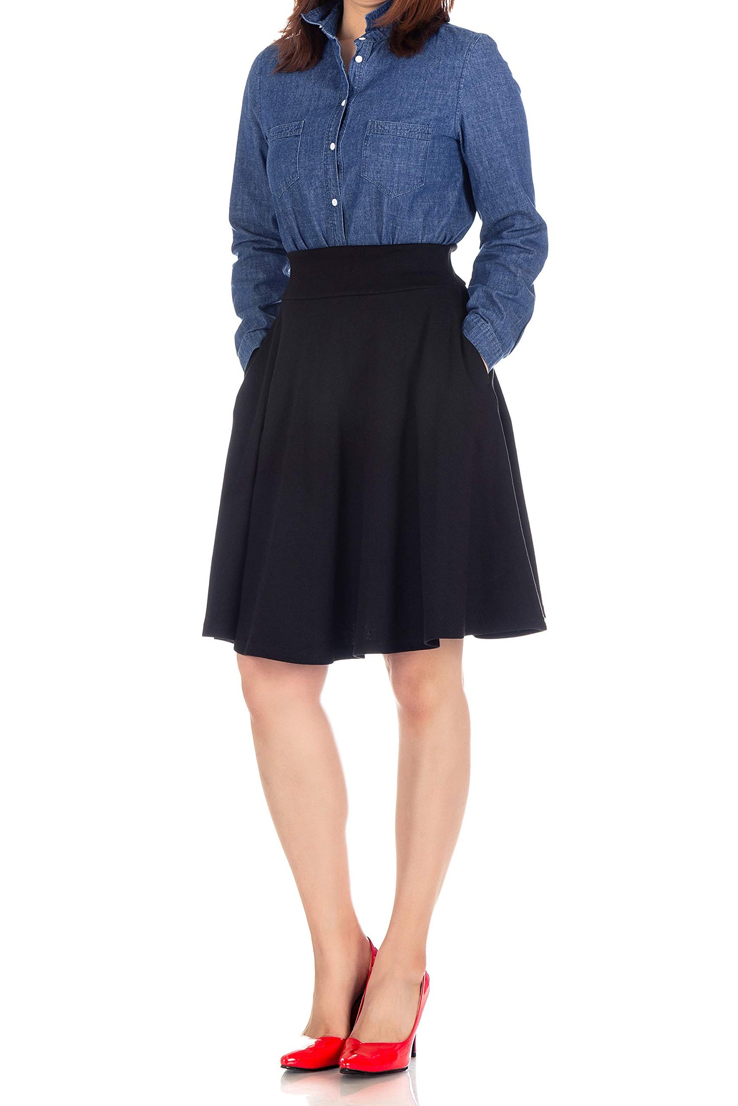 Dani's Choice High-Waisted Cotton Blend Skirt with Pockets - Knee Length A-line Flare for Business and Casual Wear
