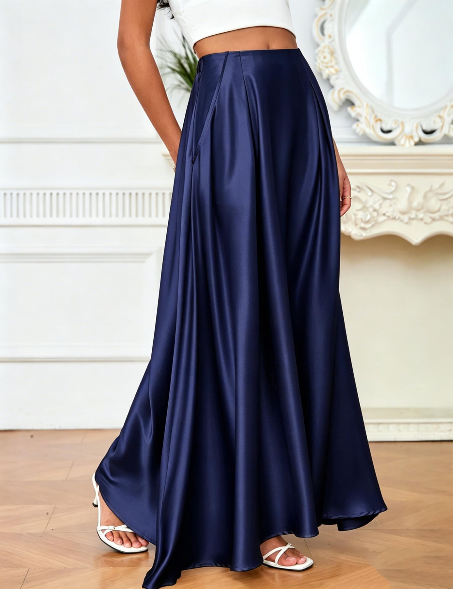 MAKABO Maxi Satin Skirts for Womens High Waisted Flowy Long A line Skirt Trendy for Office Holiday Party