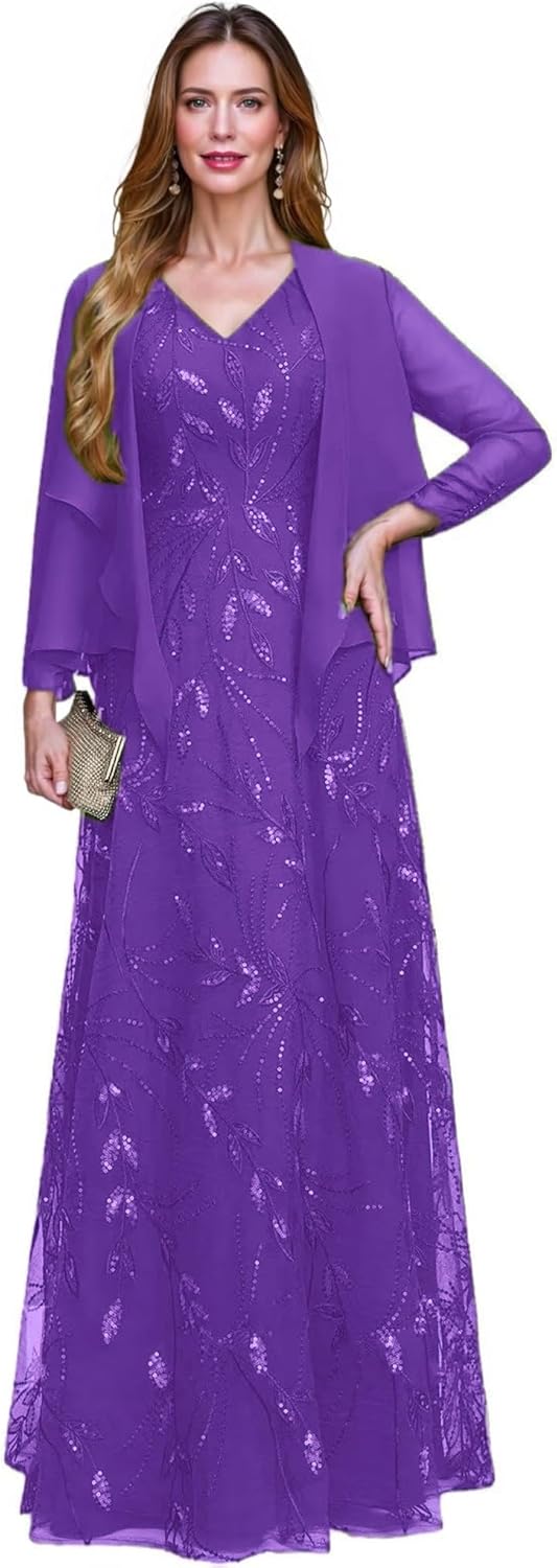 2 Piece Sequin Lace Mother of The Bride Dresses for Women with Jacket V Neck Long Formal Dresses Evening Gown