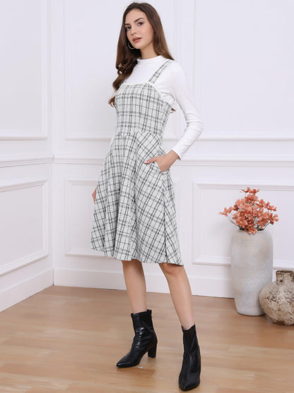 Allegra K Tweed Dress for Women Sleeveless Square Neck Plaid A-Line Pinafore Overall Dresses