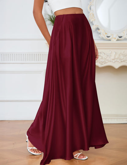 MAKABO Maxi Satin Skirts for Womens High Waisted Flowy Long A line Skirt Trendy for Office Holiday Party