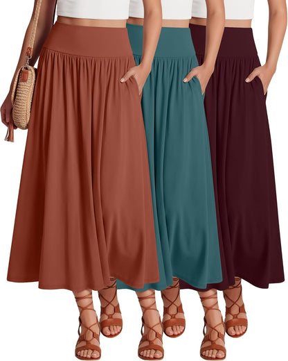 Ficerd 3 Pack Maxi Long Skirts for Women, Ankle Length High Waisted Pleated Flowy a Line Summer Casual Skirts with Pockets
