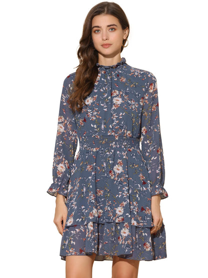 Allegra K Women's Floral Dress Chiffon Long Sleeve Mock Neck Ruffle Layered Smocked Mini Dresses