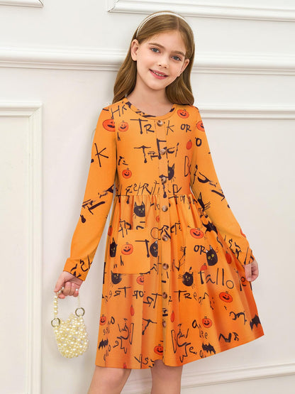 Girls Dresses Kids Button Down Midi Long Sleeve Casual A Line Dress with Pockets 4-14 Years