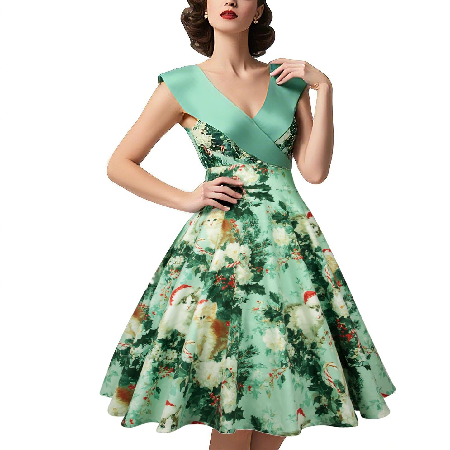 HIGAKI Women's 1950s Dress Tea Party V-Neck Sleeveless Dress