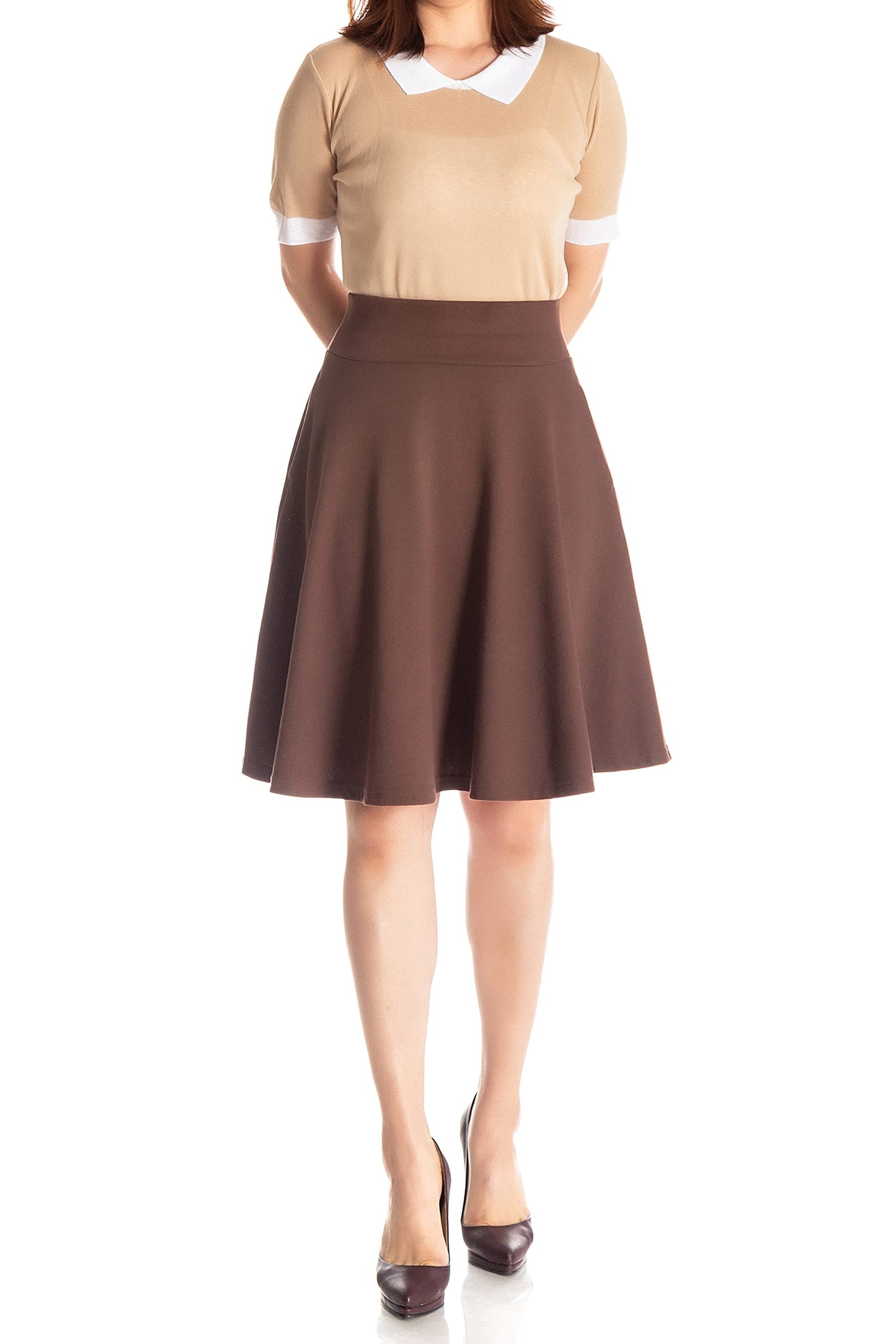 Dani's Choice High-Waisted Cotton Blend Skirt with Pockets - Knee Length A-line Flare for Business and Casual Wear