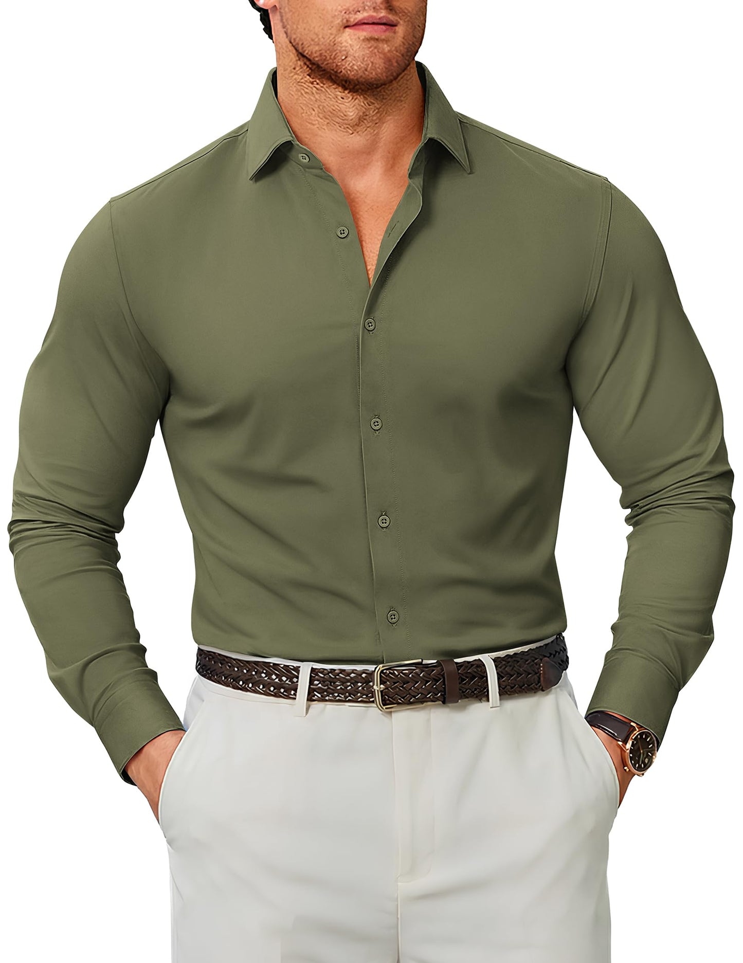 COOFANDY Mens Stretch Dress Shirts Muscle Fit Wrinkle Free Long Sleeve Button Down Shirt Business Casual Shirts