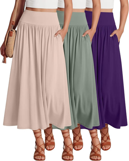 Ficerd 3 Pack Maxi Long Skirts for Women, Ankle Length High Waisted Pleated Flowy a Line Summer Casual Skirts with Pockets