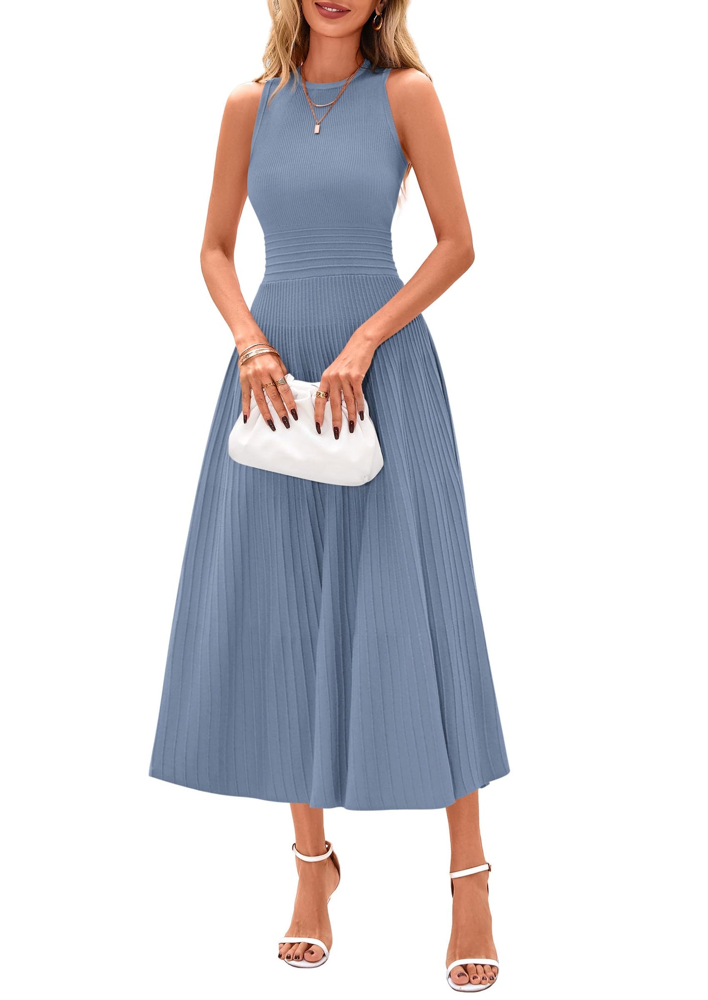 PRETTYGARDEN Spring Casual Dresses for Women 2026 Summer Business Work Midi Sleeveless A Line Pleated Cocktail Dress