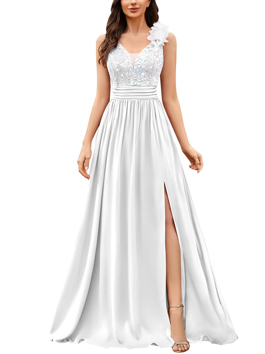 Miusol Women's Vintage V-Neck Sleeveless Sequined Split Formal Evening Maxi Dress